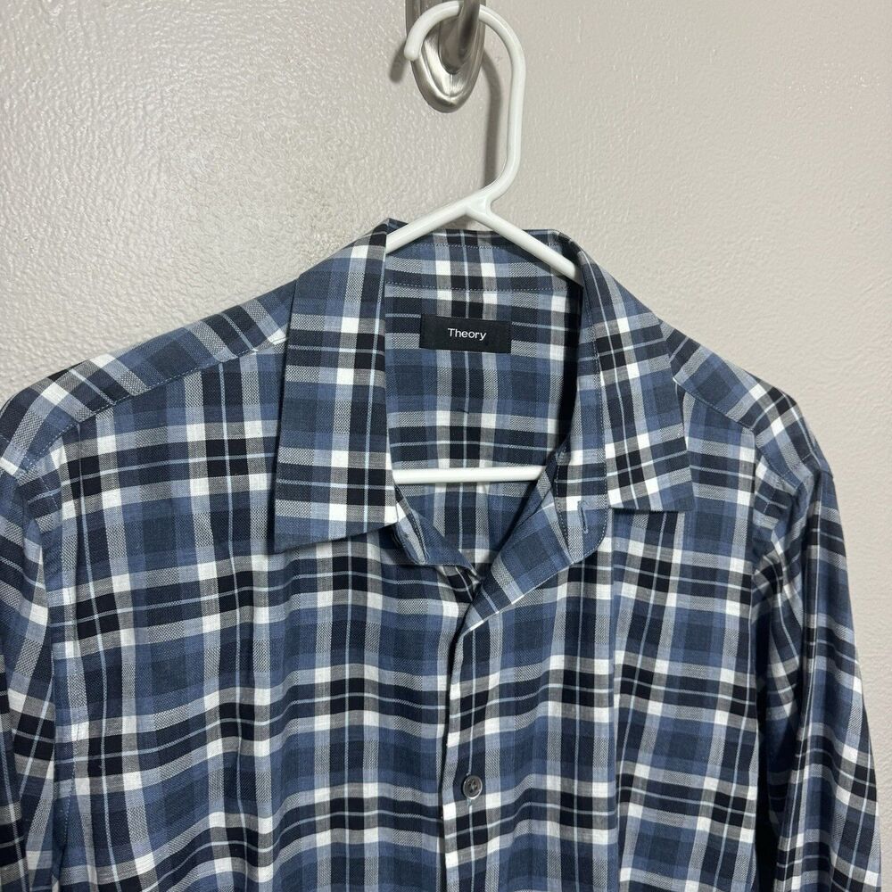 Theory Mens Plaid Button Up Shirt Sz Large Cotton Blue Black White Long Sleeve - Picture 3 of 5